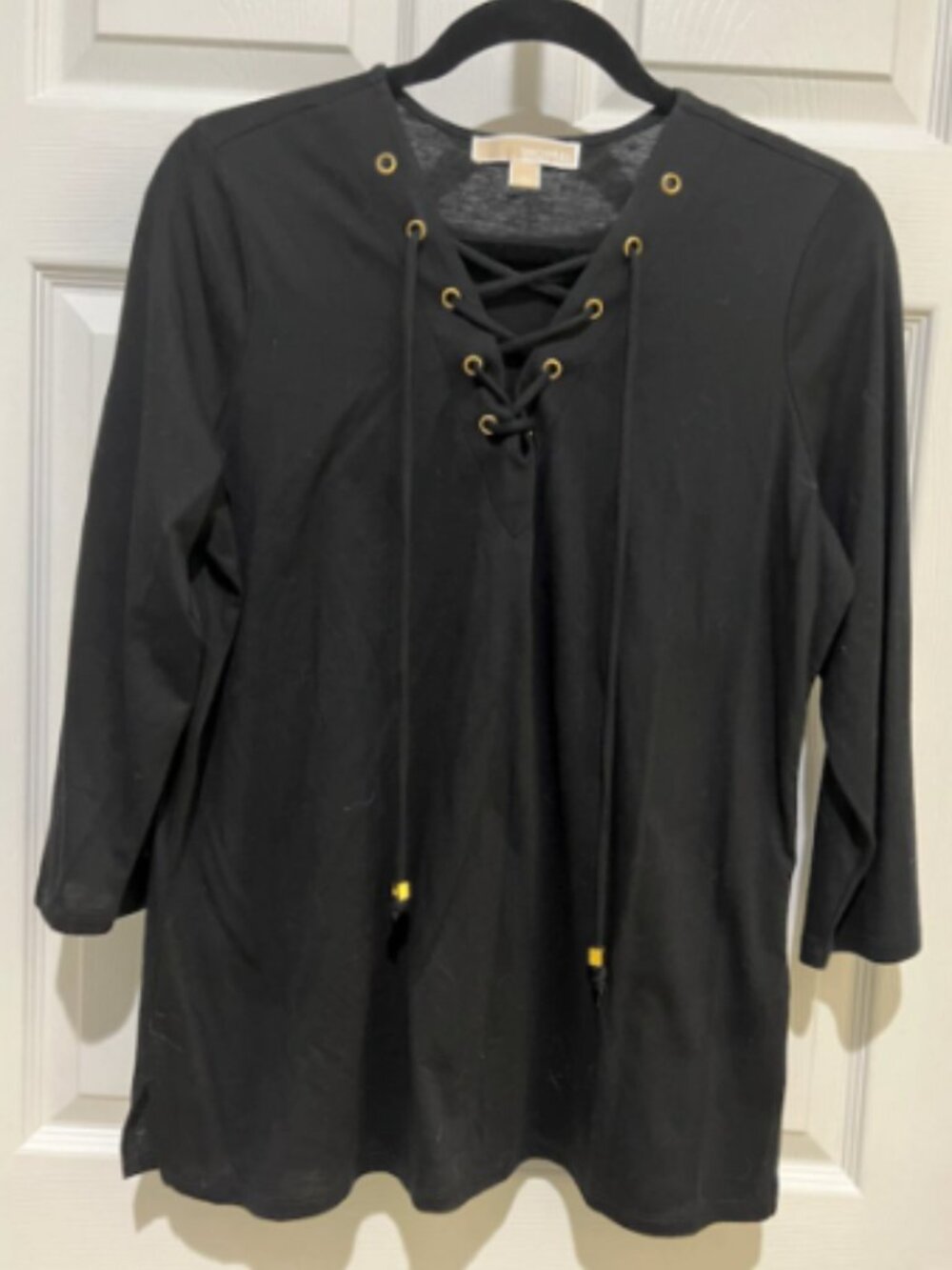 ☀️ Michael Kors Black Lace-Up Grommet Top 3/4 Sleeve